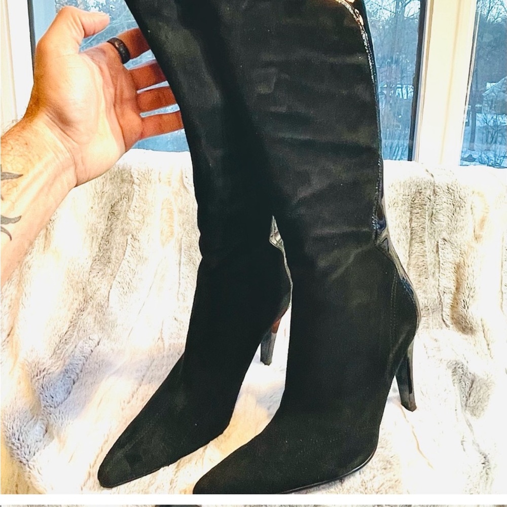 Enzo Angiolini Patent Leather & Suede Heeled Talk Boot Size 10
